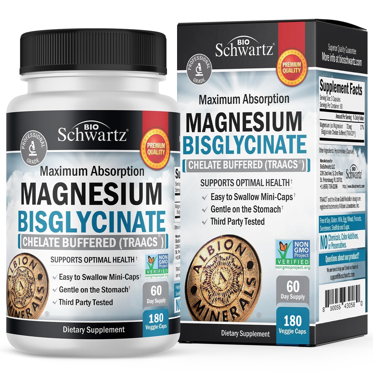Front view of Magnesium Bisglycinate Chelated Supplement bottle - 180 capsules