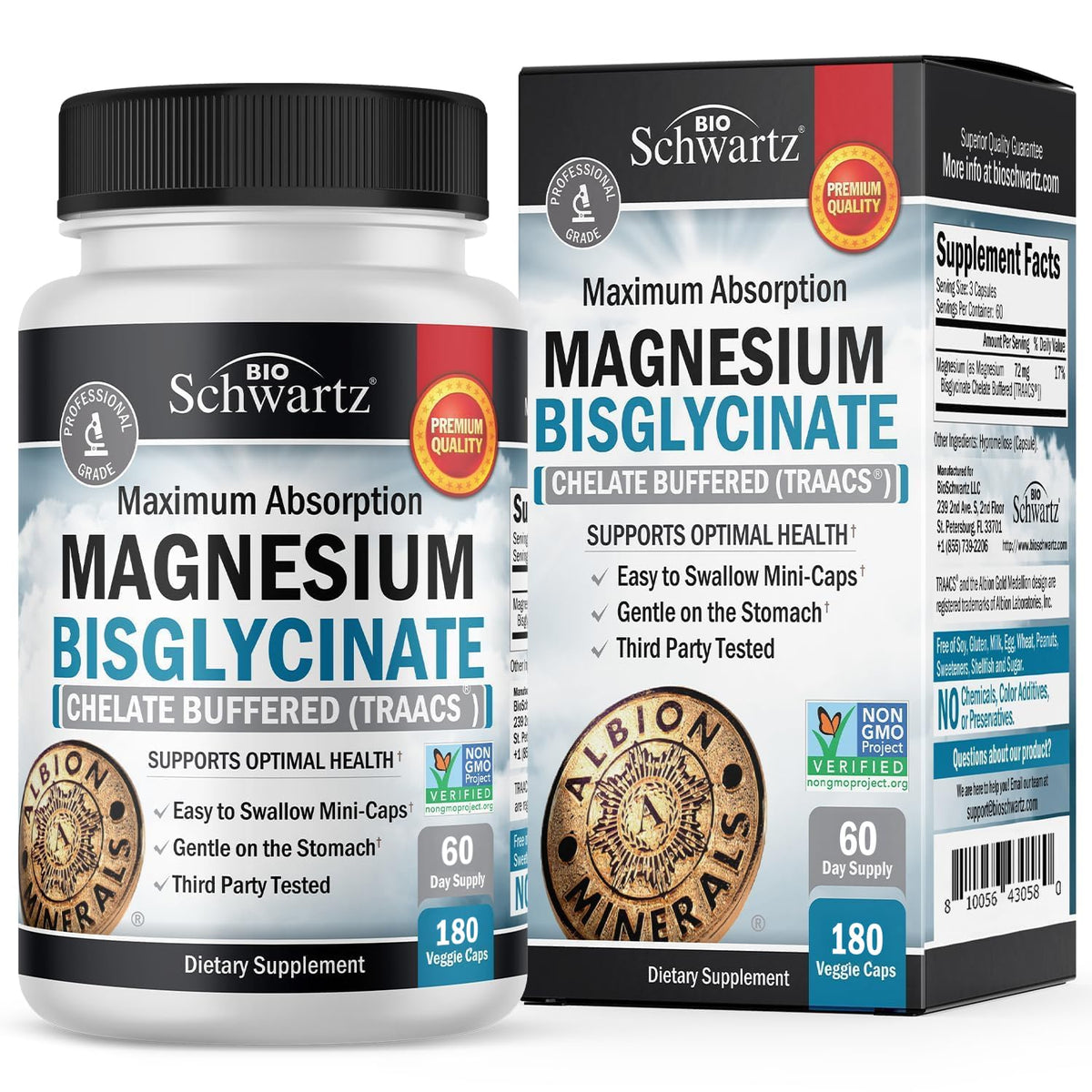 Front view of Magnesium Bisglycinate Chelated Supplement bottle - 180 capsules
