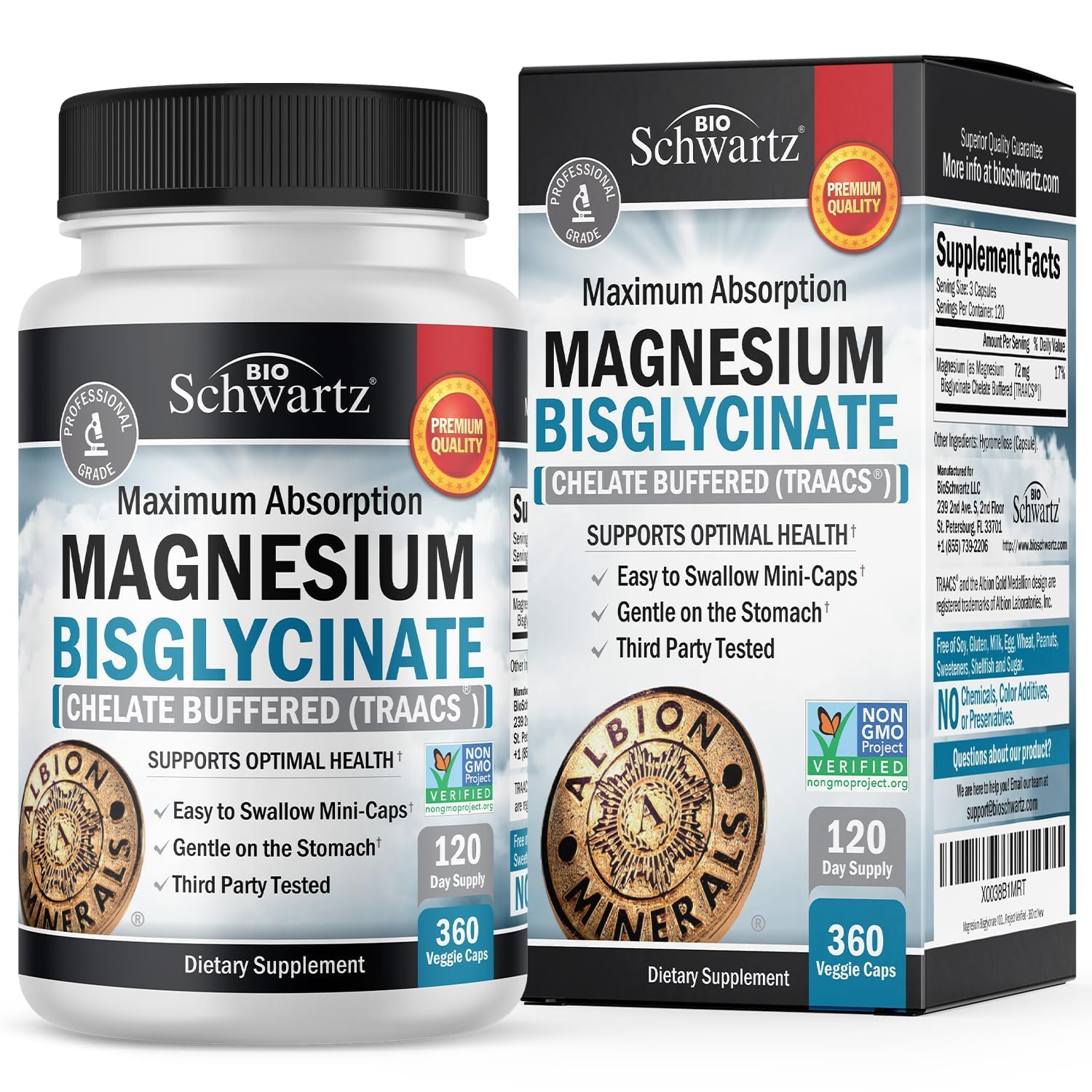 Bottle of magnesium bisglycinate 360 capsules