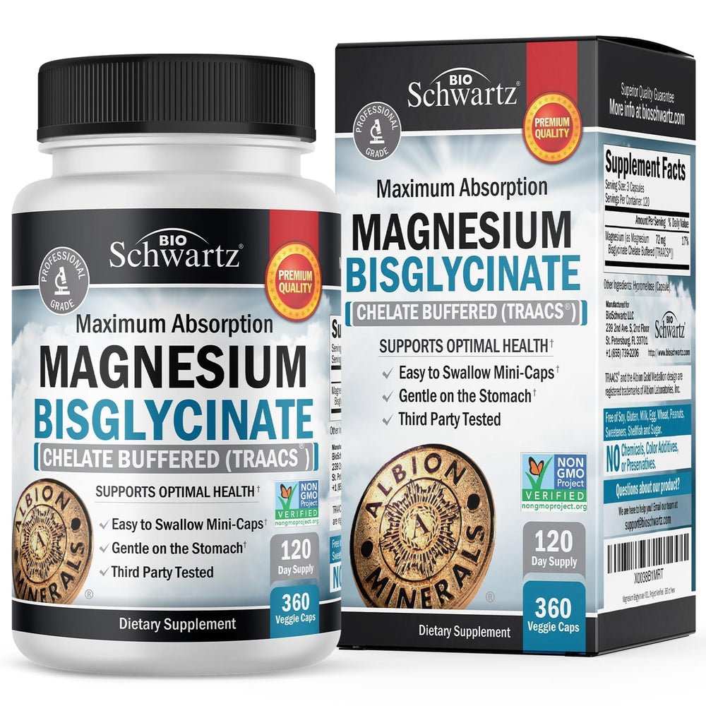 Bottle of magnesium bisglycinate 360 capsules