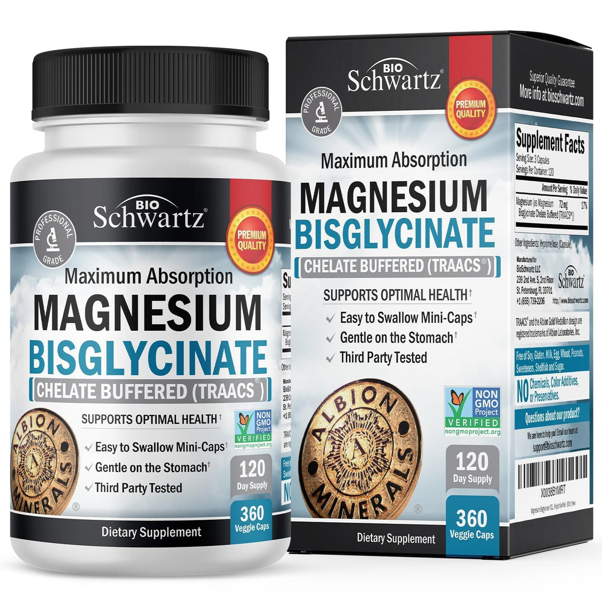 Bottle of magnesium bisglycinate 360 capsules