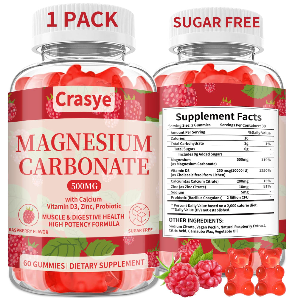 Front view of Magnesium Carbonate 500mg Gummies Raspberry flavor