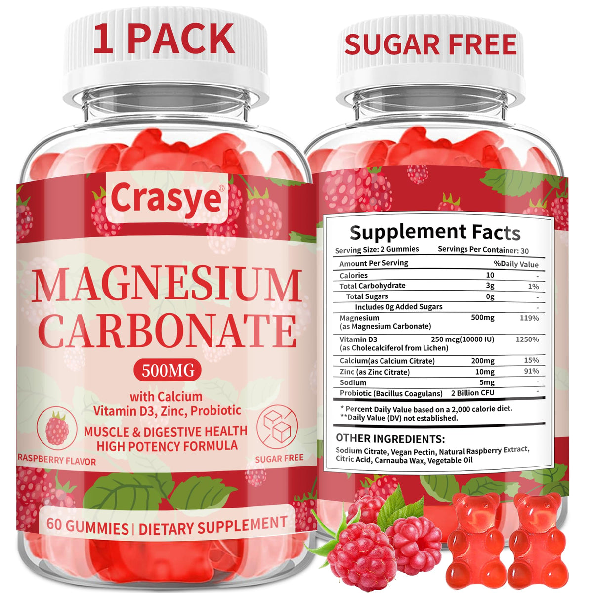 Front view of Magnesium Carbonate 500mg Gummies Raspberry flavor