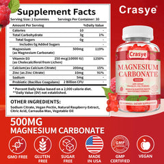 Nutrition facts for Magnesium Carbonate 500mg Gummies Raspberry