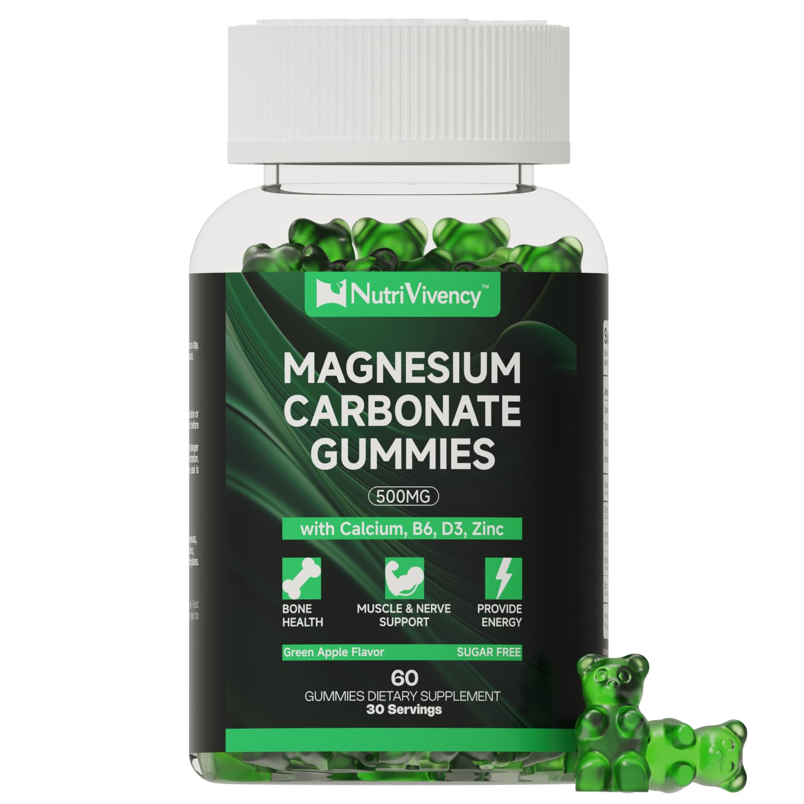 Front view of Magnesium Carbonate Gummies 500mg Green Apple bottle