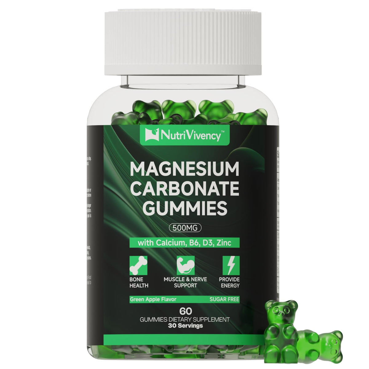 Front view of Magnesium Carbonate Gummies 500mg Green Apple bottle