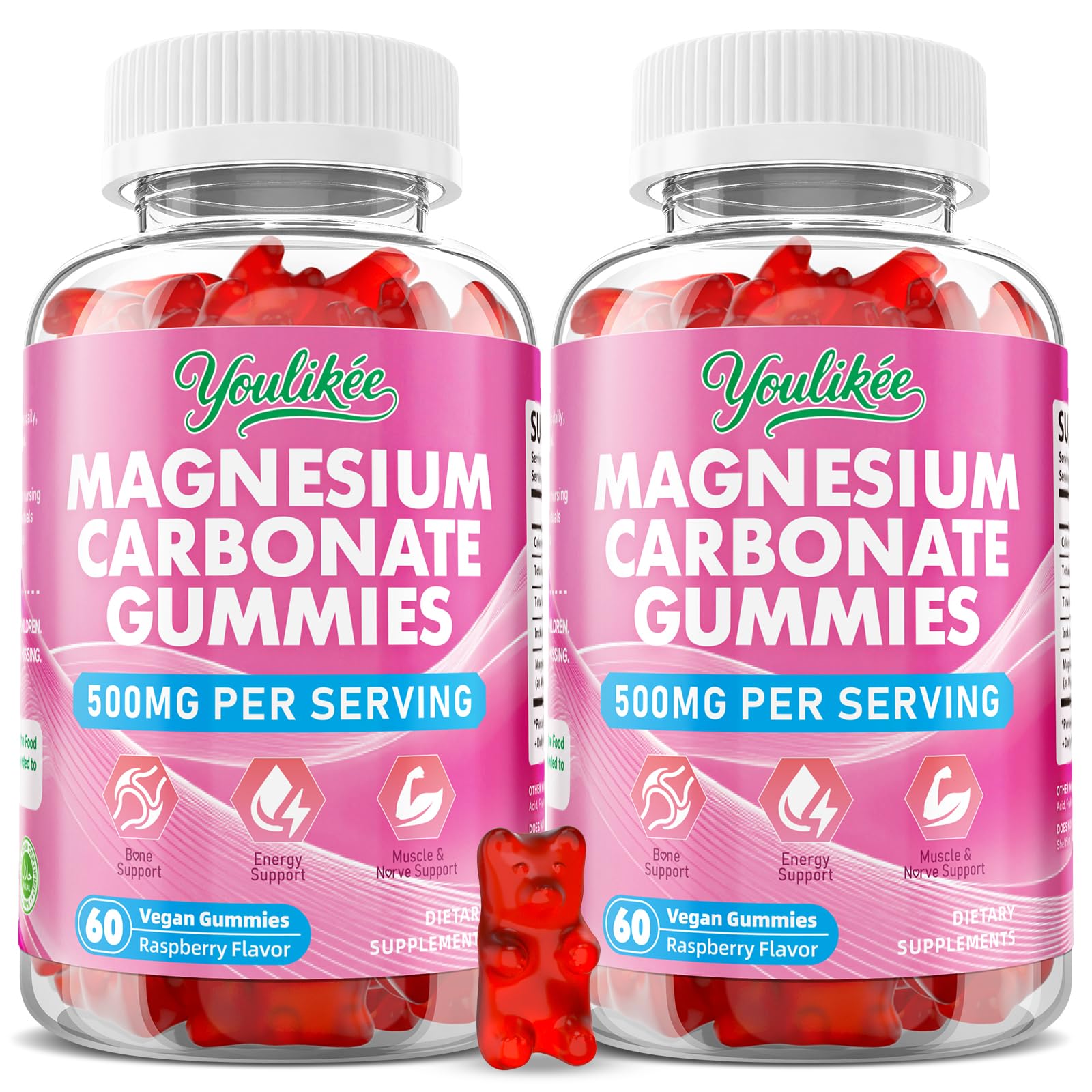 Two-pack Magnesium Carbonate Gummies Raspberry flavor bottle – 120 count