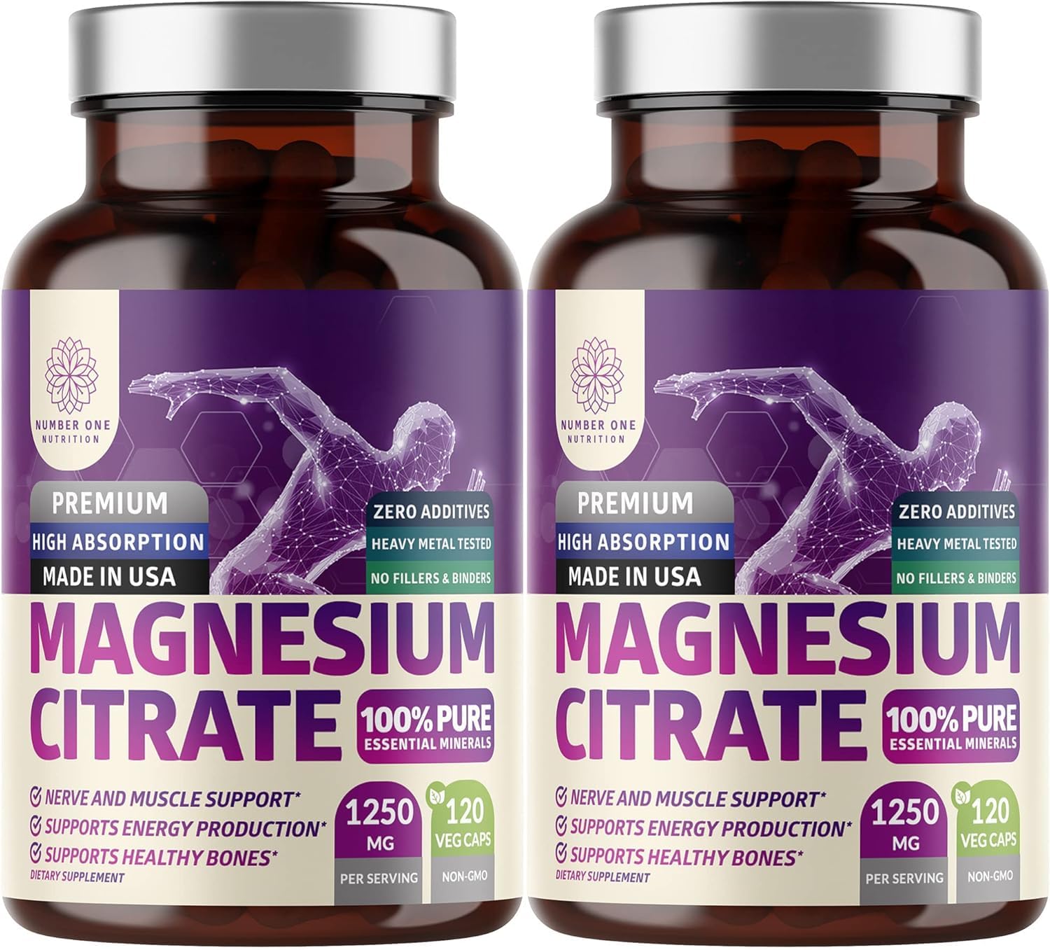 Two-pack Magnesium Citrate Capsules bottle label 1250mg