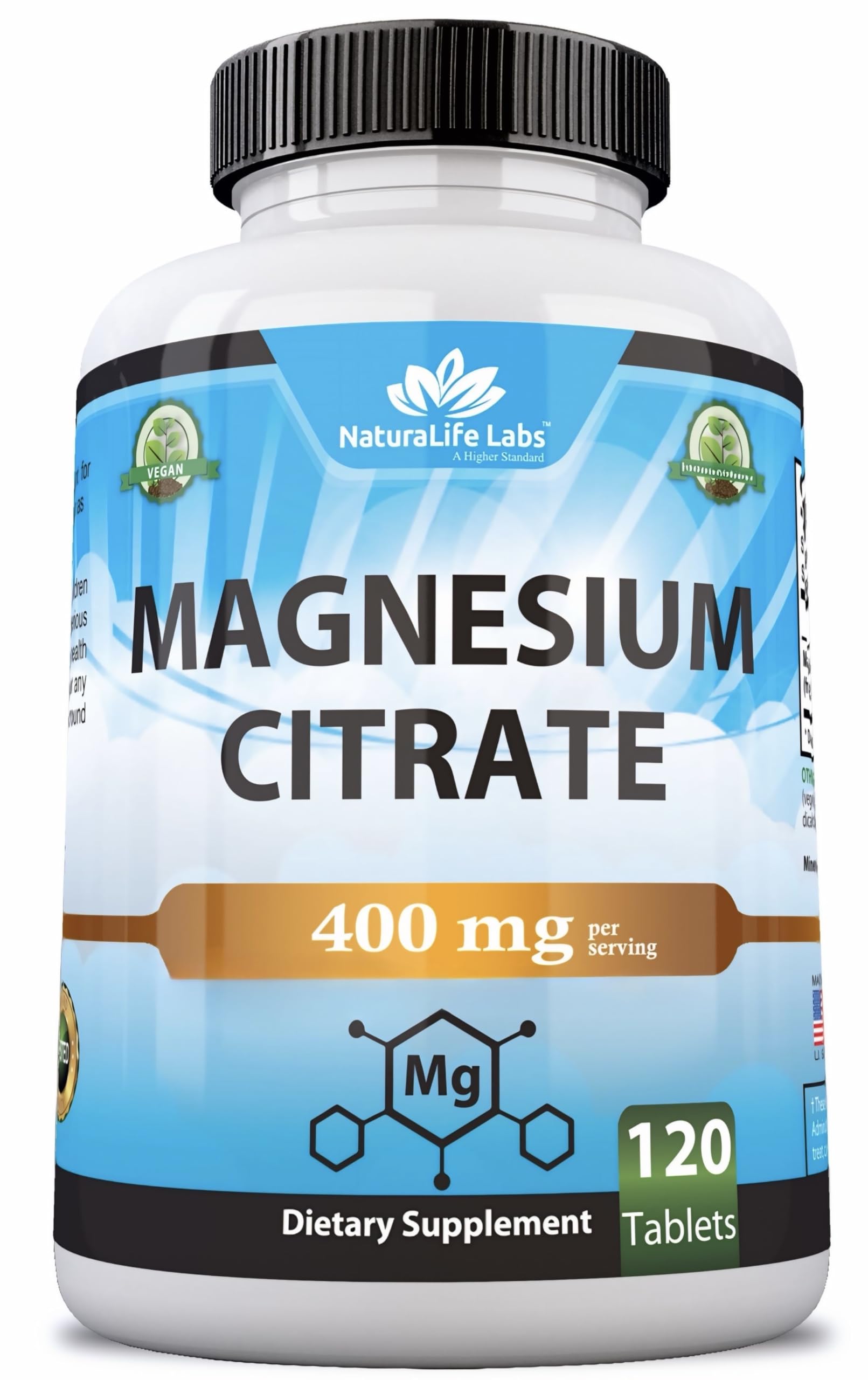 Magnesium Citrate bottle – 400 mg per serving, 120 vegan tablets