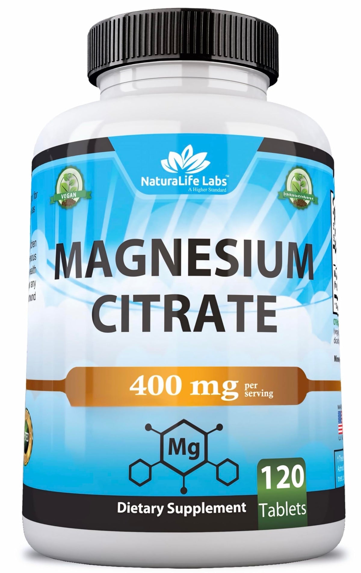 Magnesium Citrate bottle – 400 mg per serving, 120 vegan tablets