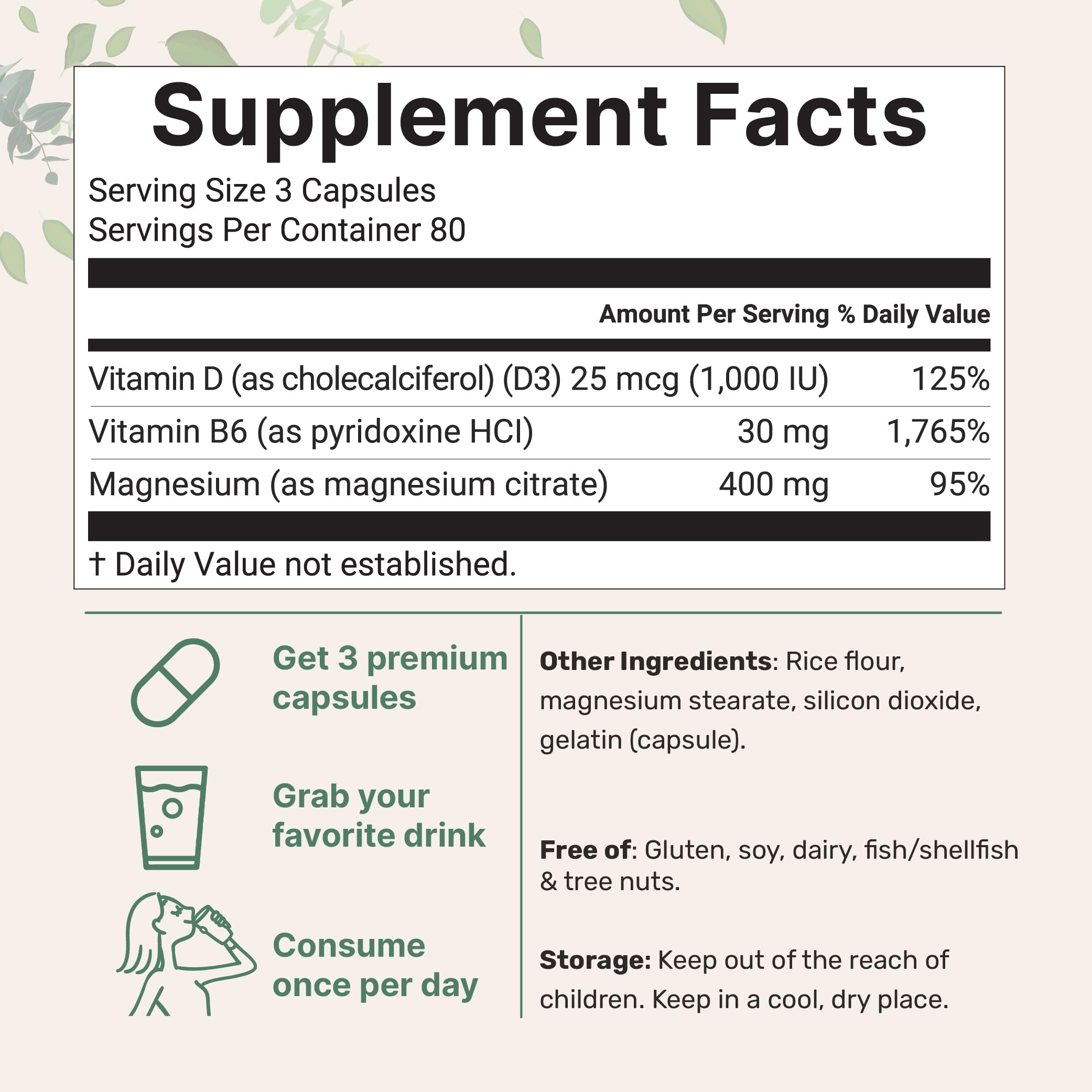 Magnesium citrate 400mg with vitamin D3 and B6 per dose
