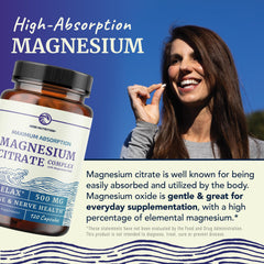 Capsules visible inside magnesium citrate bottle on teal label