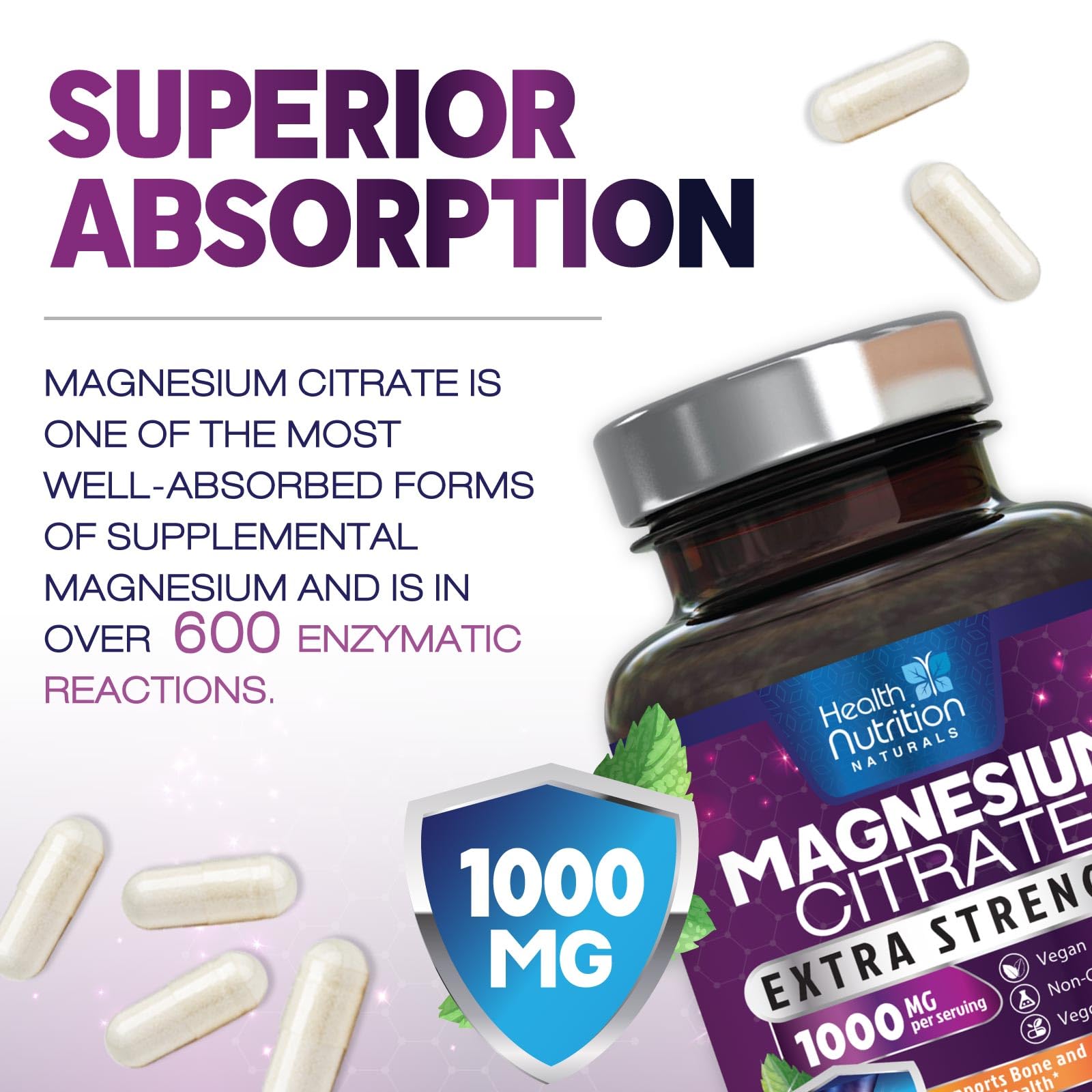 Label showing ingredients for Magnesium Citrate 1000mg