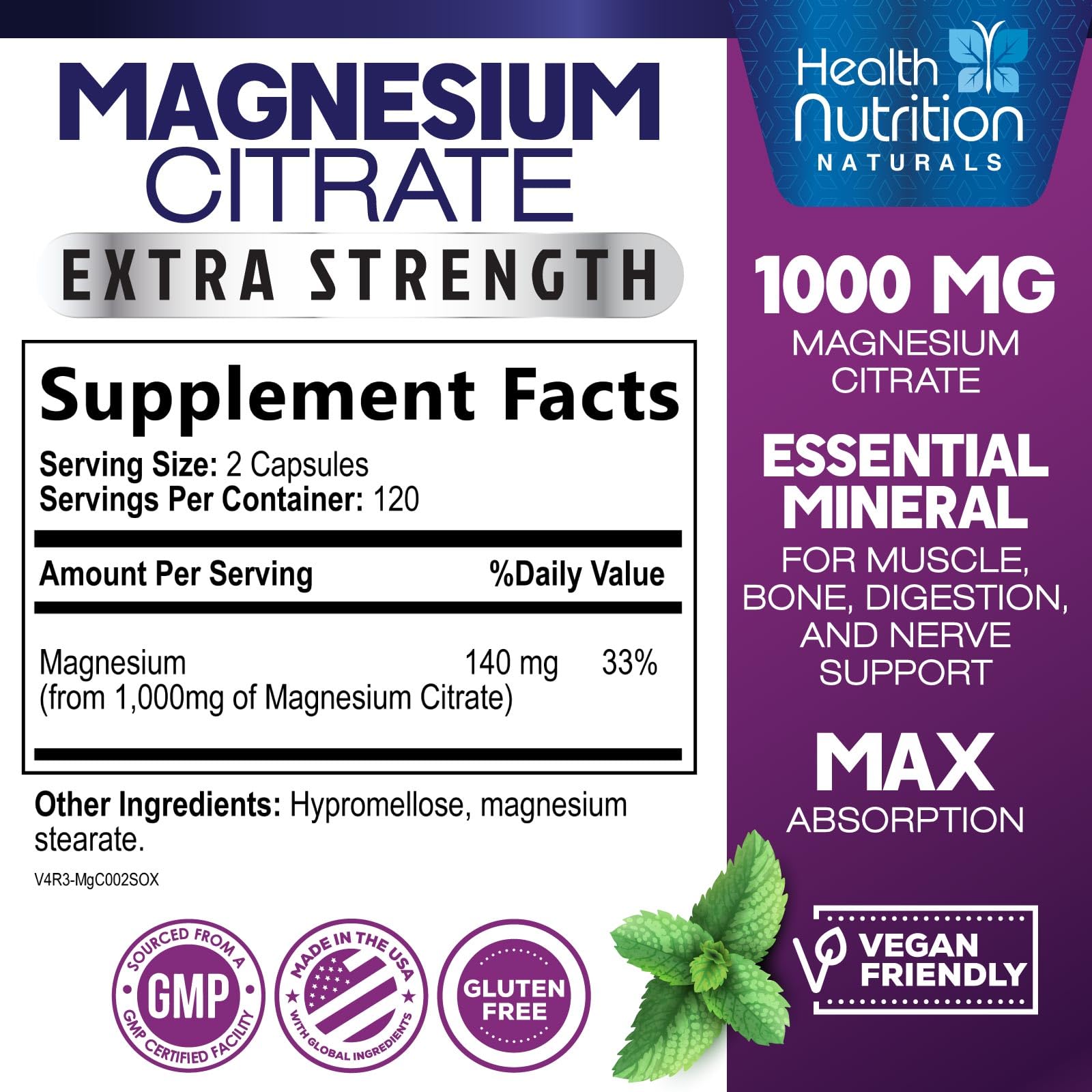 Two magnesium citrate capsules serving for 1000mg
