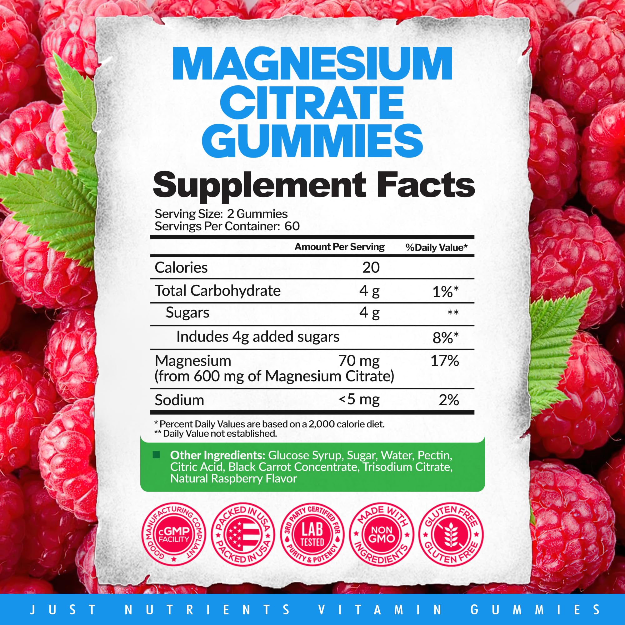 Nutrition panel and ingredients for Raspberry Magnesium Citrate Gummies