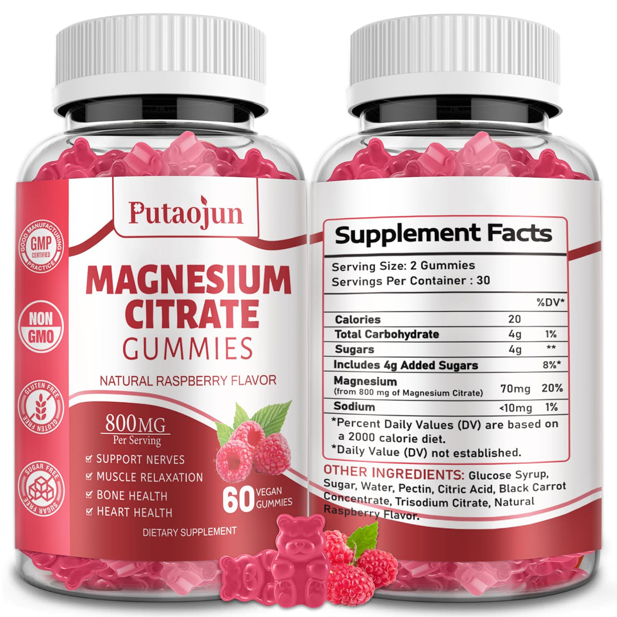 Front view of Raspberry-flavored Magnesium Citrate Gummies bottle
