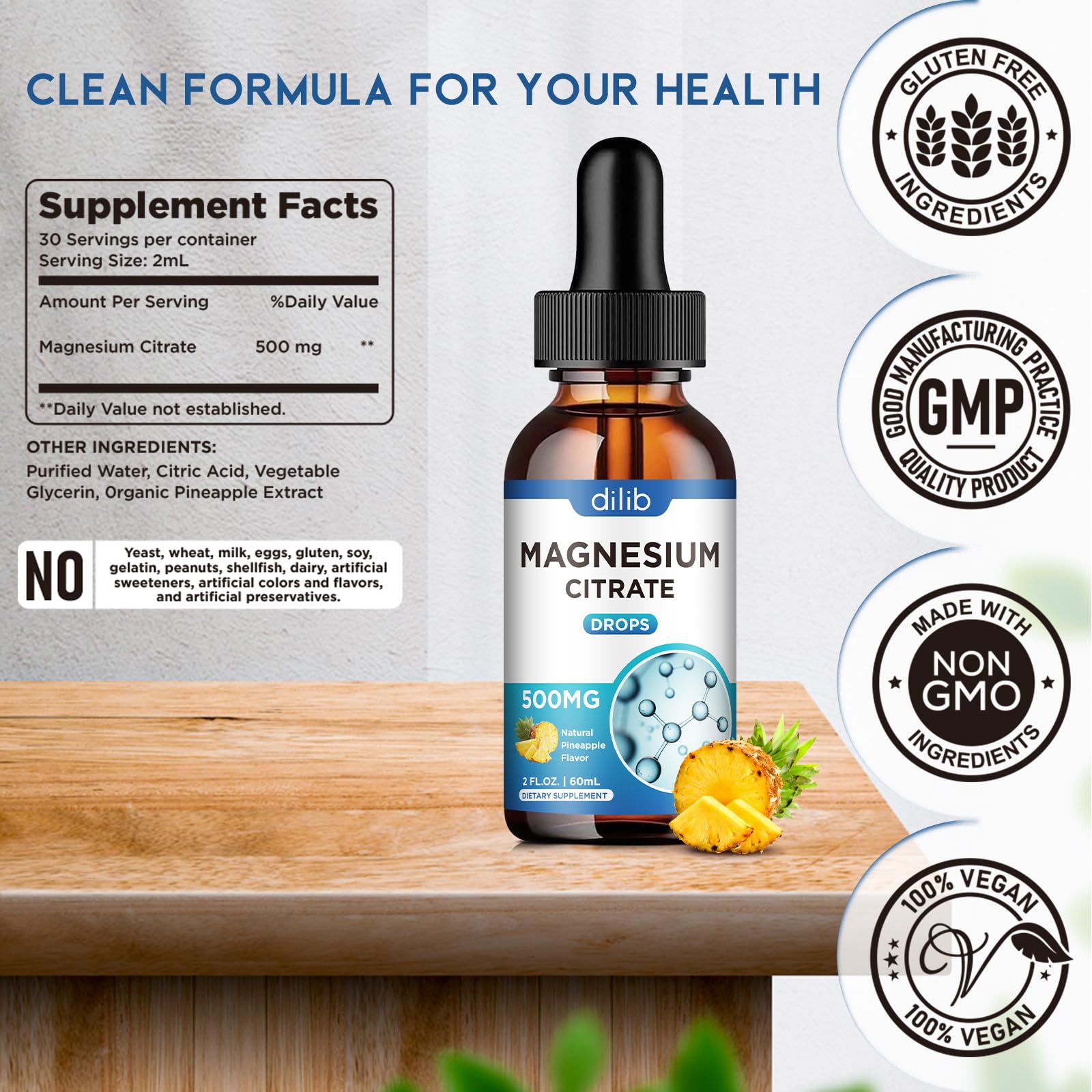 Bottle packaging and outer box for Magnesium Citrate Liquid Drops Pineapple