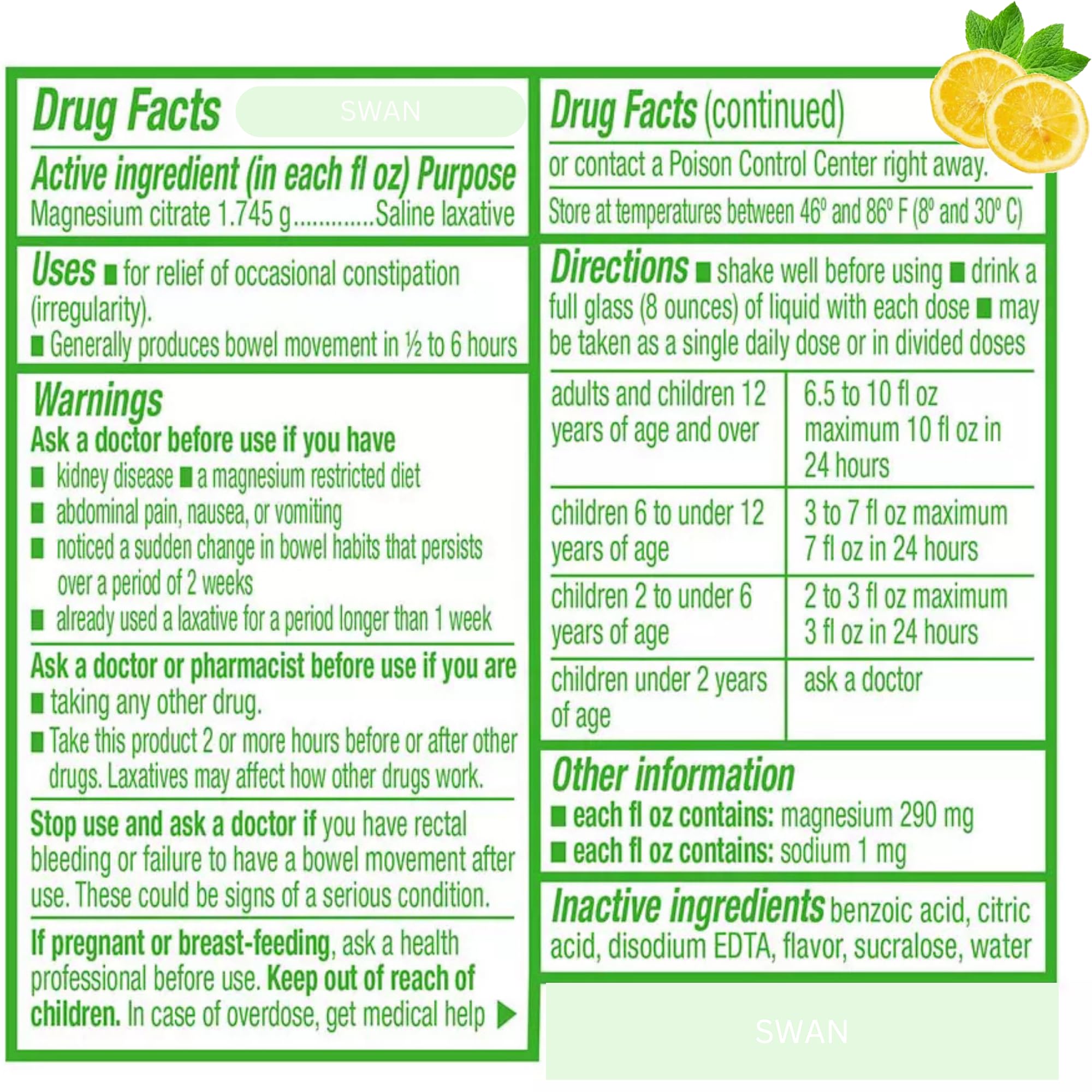 Close-up of the liquid magnesium citrate in a bottle with label