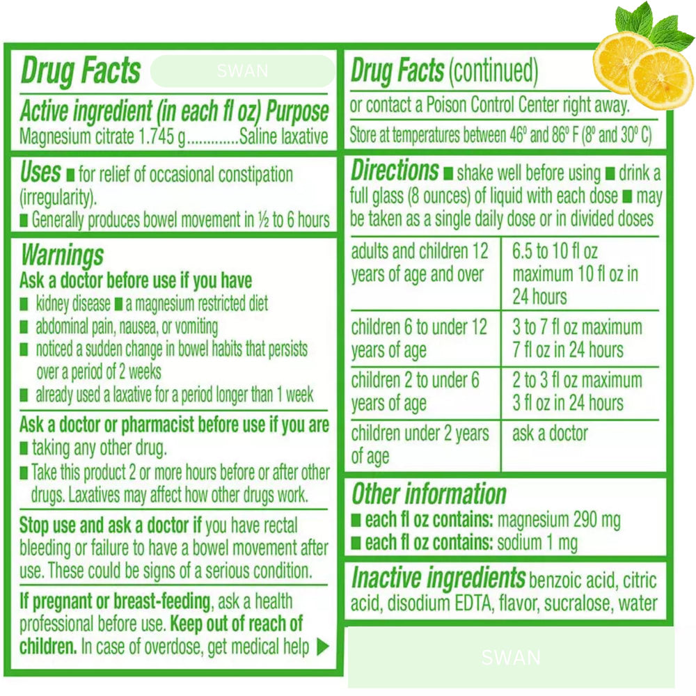 Close-up of the liquid magnesium citrate in a bottle with label