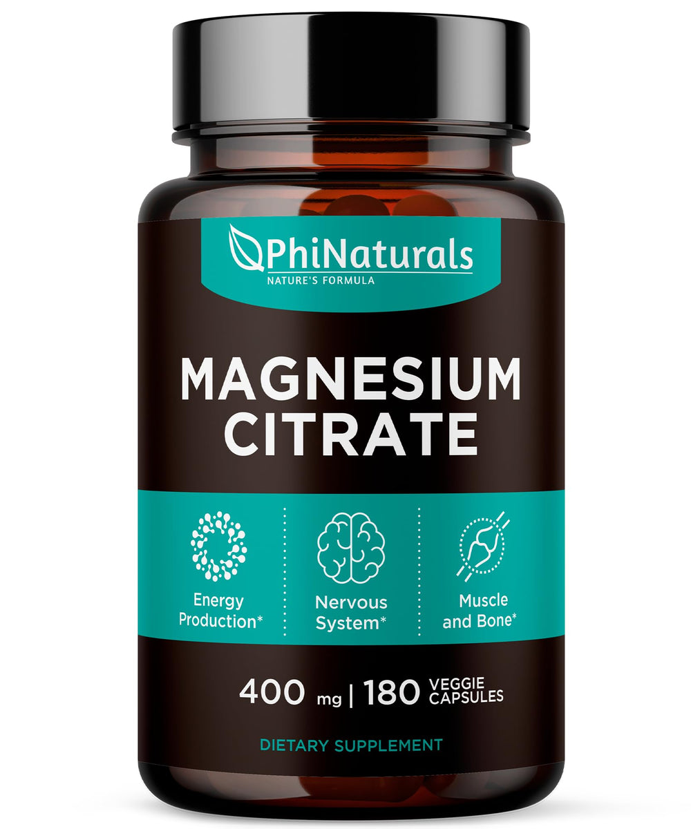 Front label view of PhiNaturals Magnesium Citrate Powder Capsules bottle