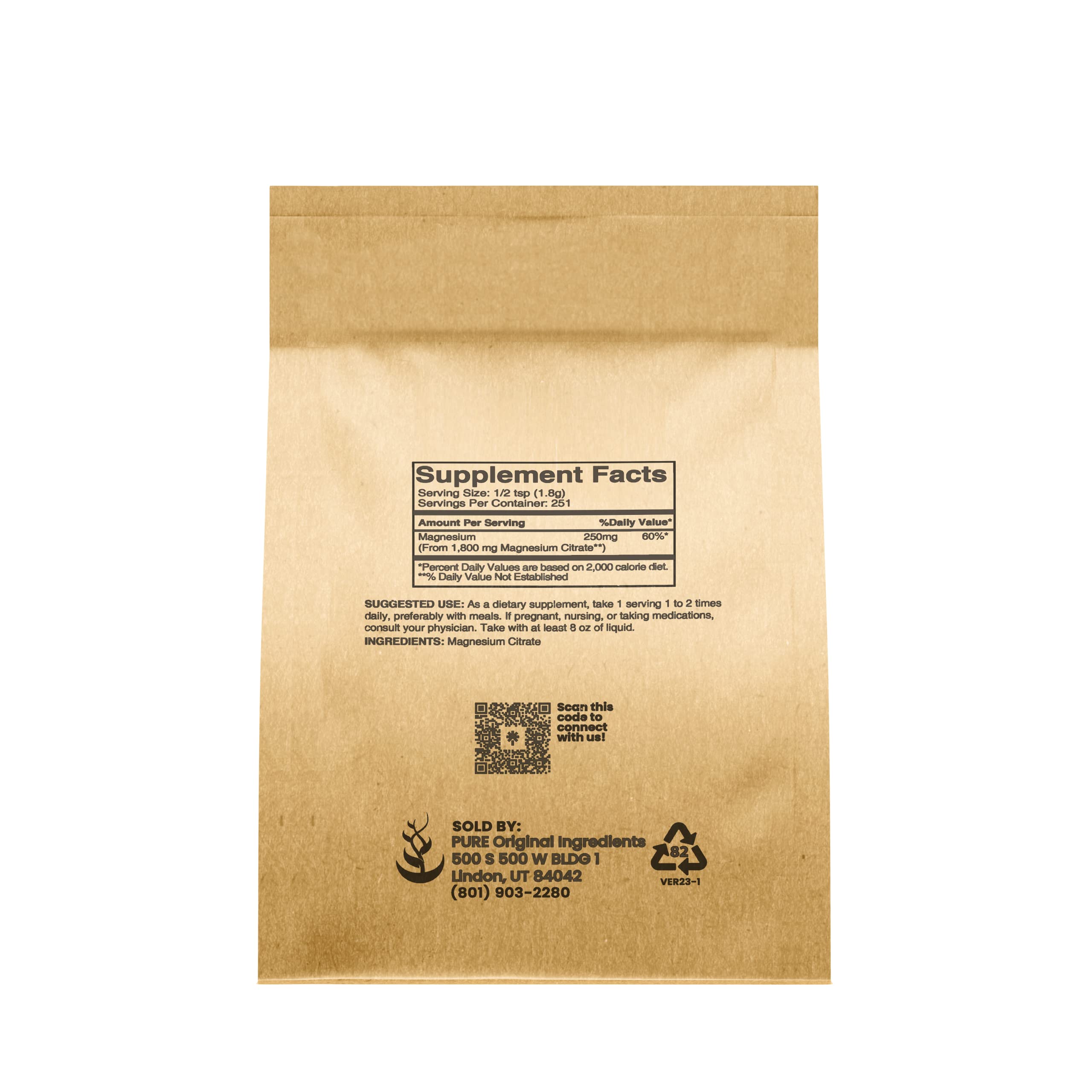 Label and ingredients for Magnesium Citrate Powder