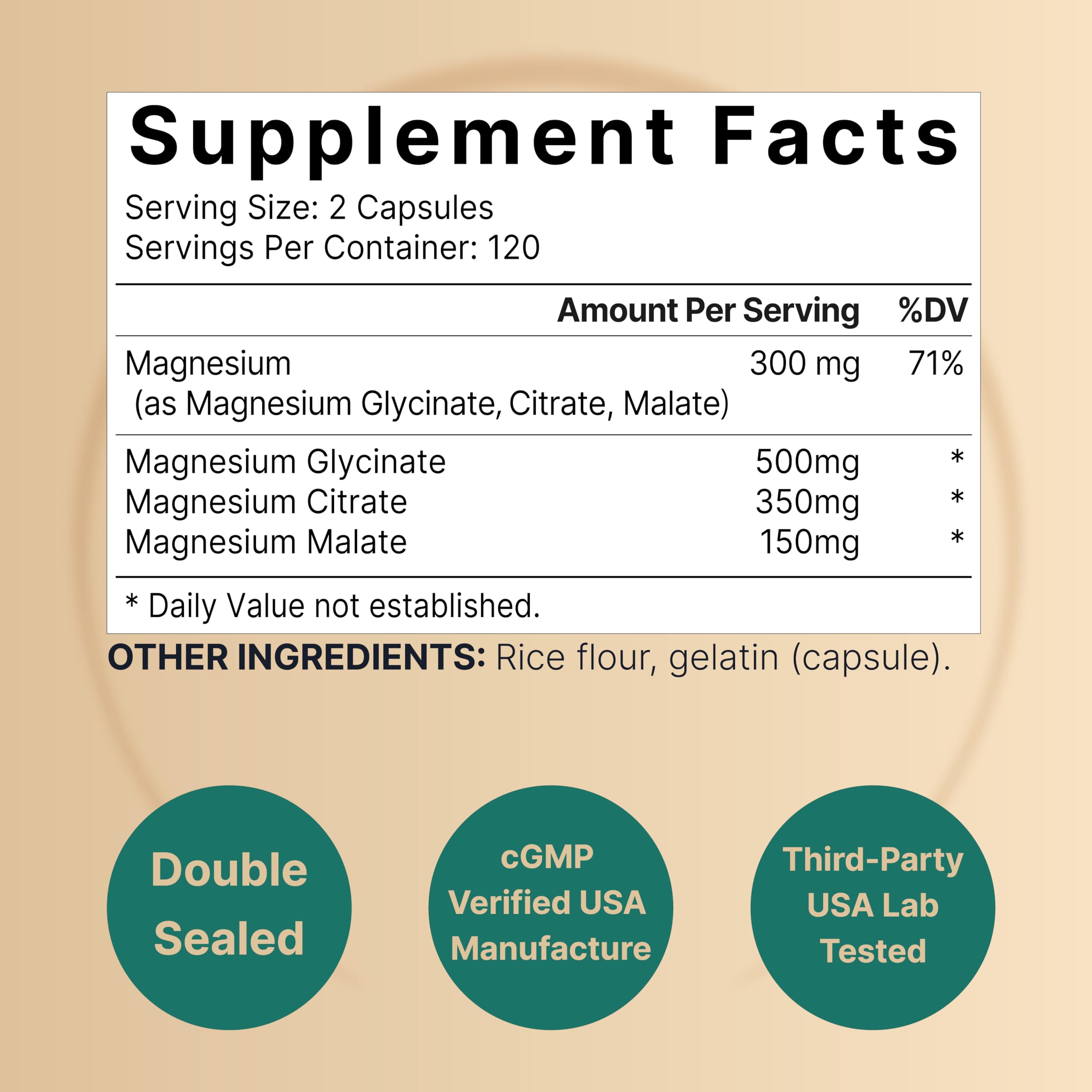 Graphic showing breakdown: 500mg magnesium glycinate, 350mg magnesium citrate, 150mg magnesium malate
