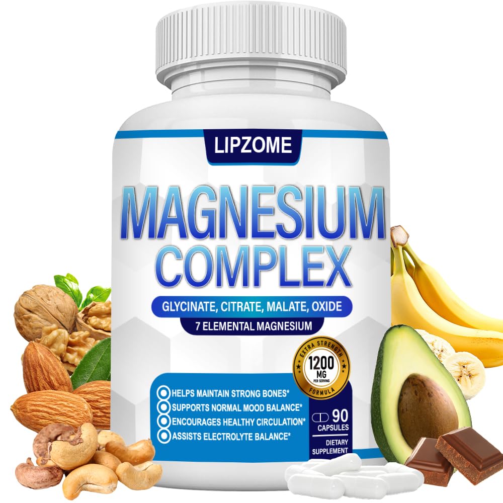 Bottle of Magnesium Complex 1200mg 8-in-1 blend showing glycinate, citrate, malate, taurate, oxide, aspartate, orotate, and chloride