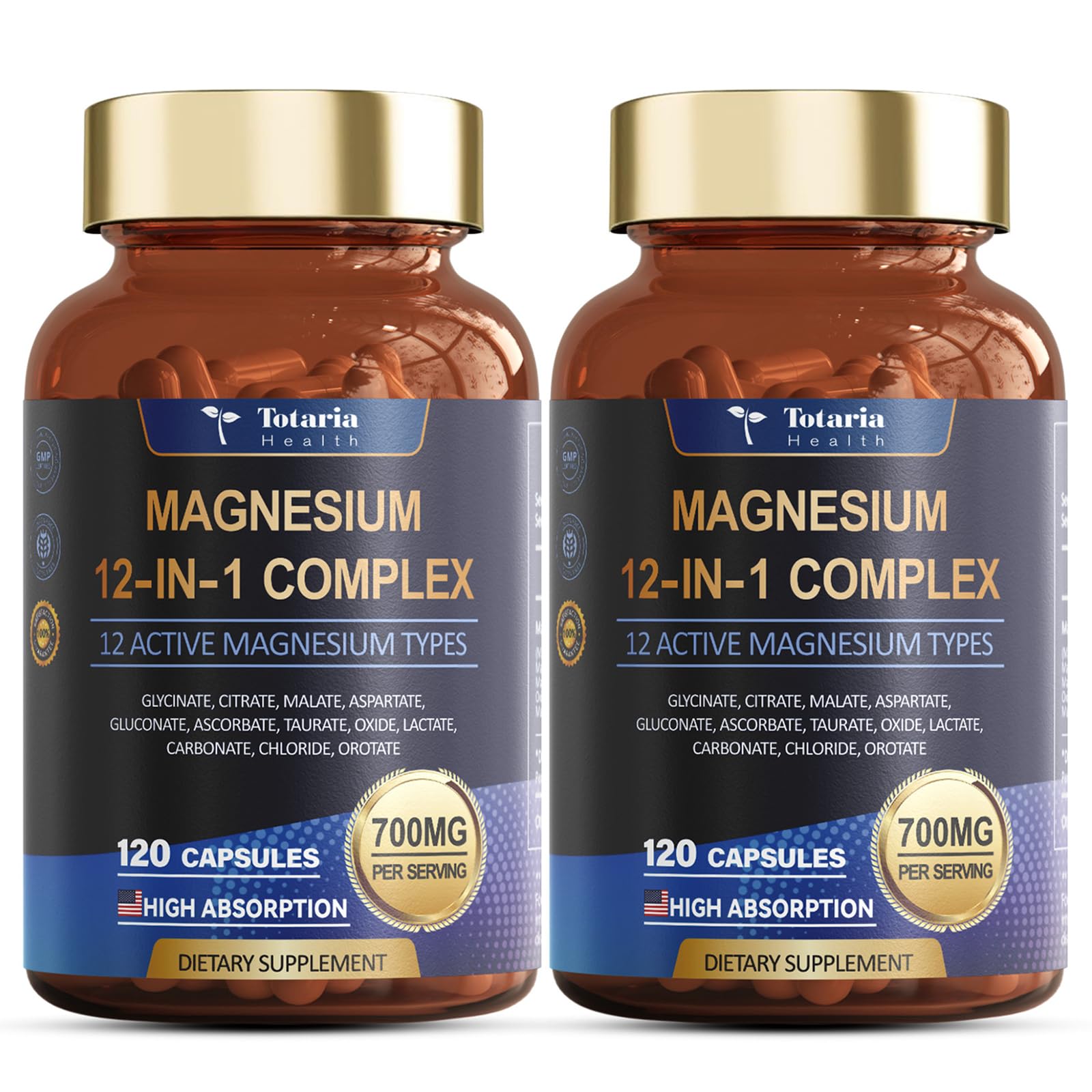 Front label of Totaria Magnesium Complex 700mg 12-in-1 vegan capsules