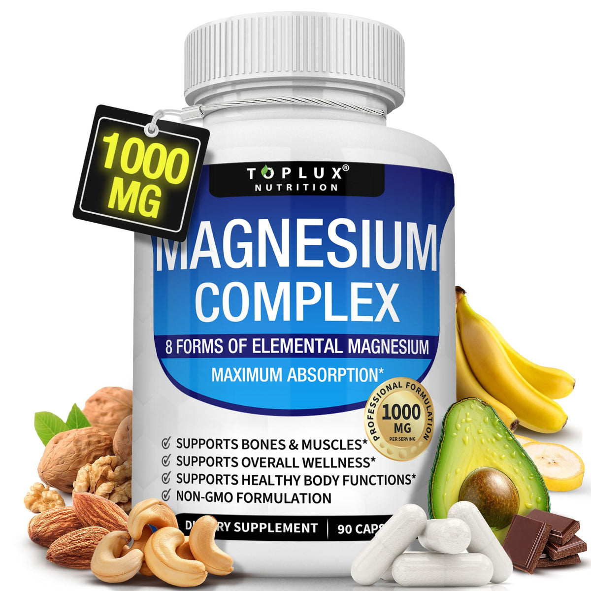 Bottle of Toplux Magnesium Complex 8-form 1000mg 90 capsules