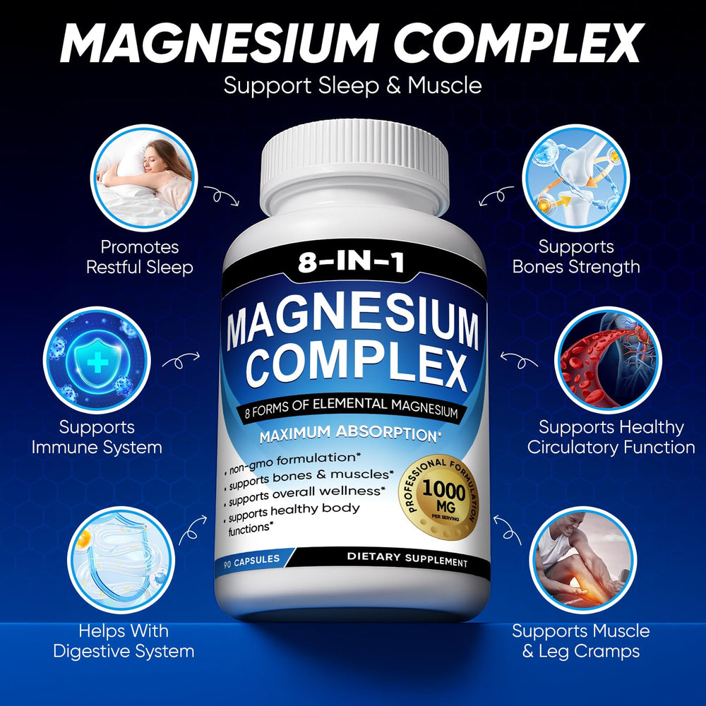 Graphic showing eight magnesium forms including glycinate, citrate and malate for easy absorption