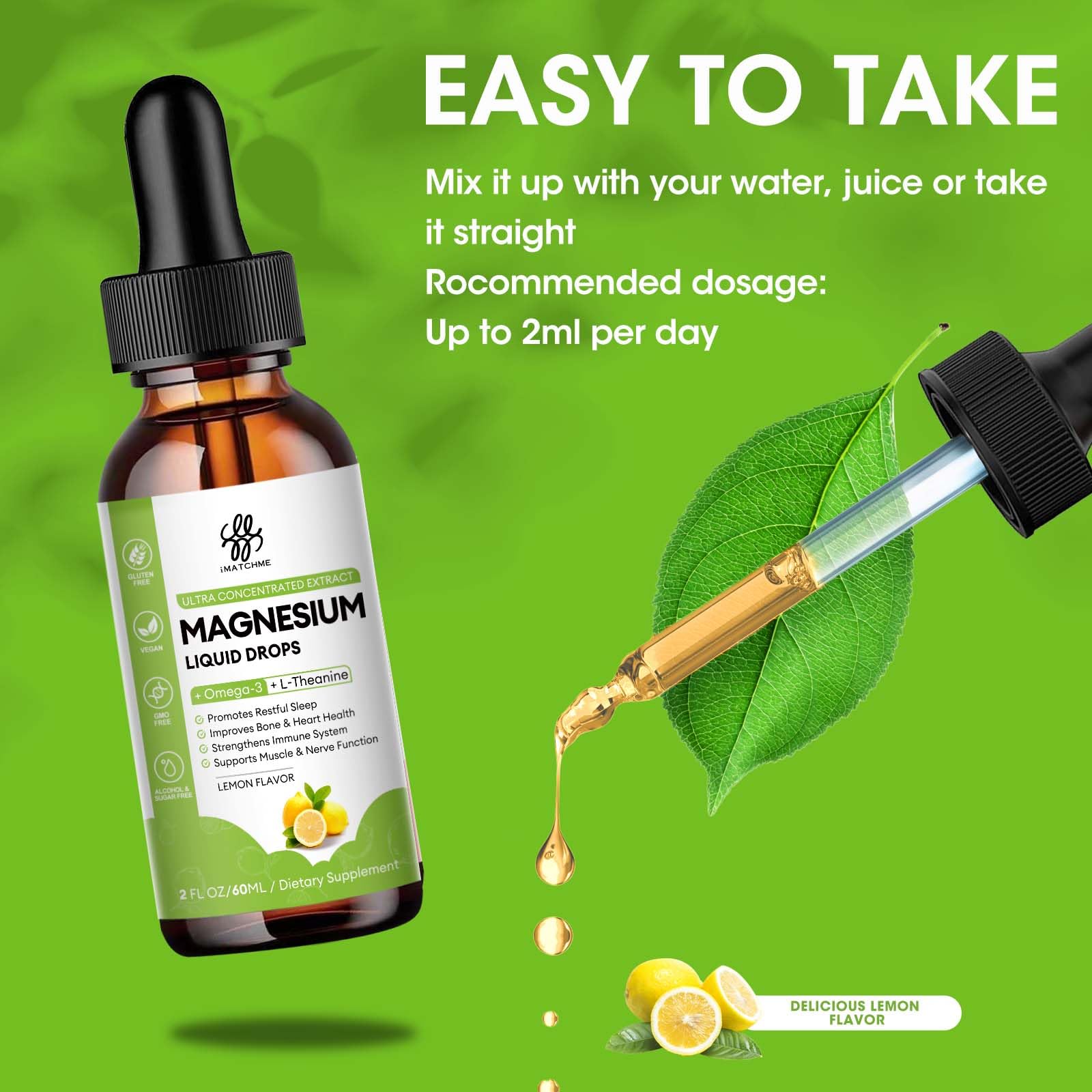 Product shot of Magnesium Complex Liquid Drops on white background with lemon accent