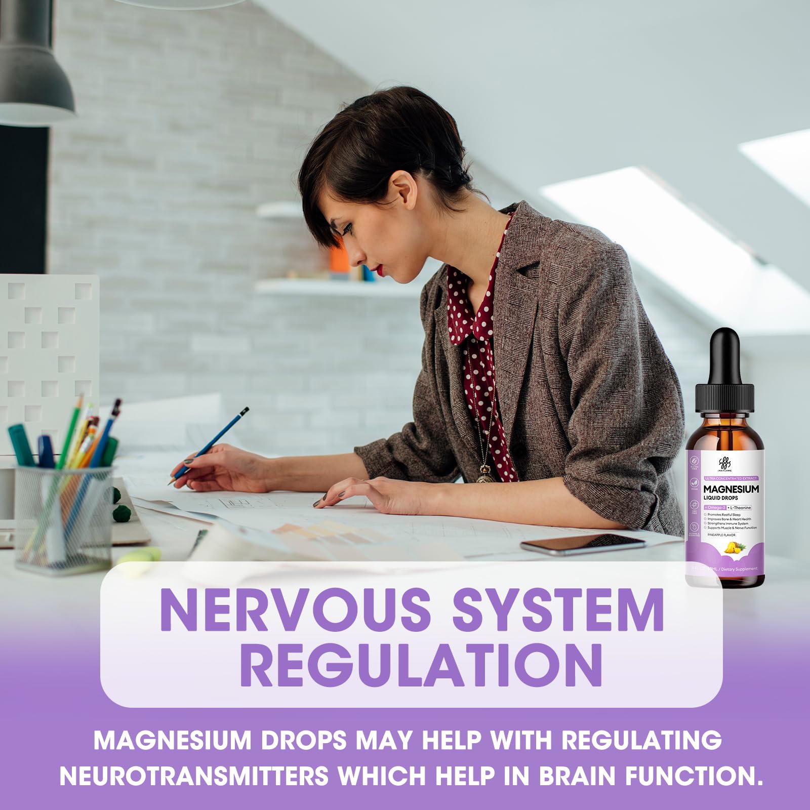 Dosage illustration showing 2 ml daily serving in a glass of water