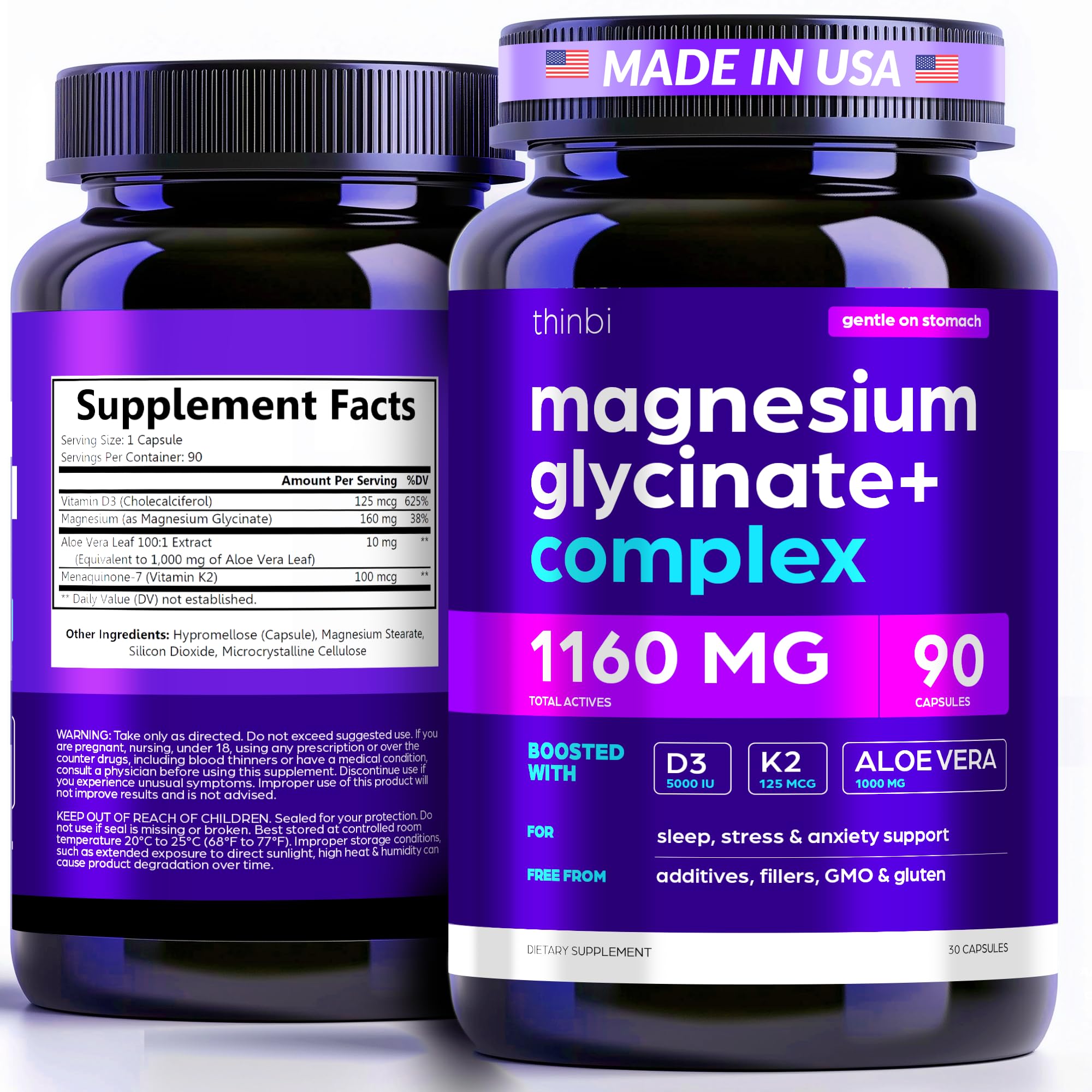 Bottle of Magnesium Glycinate 1160mg + Aloe Vera, D3 & K2 Complex capsules