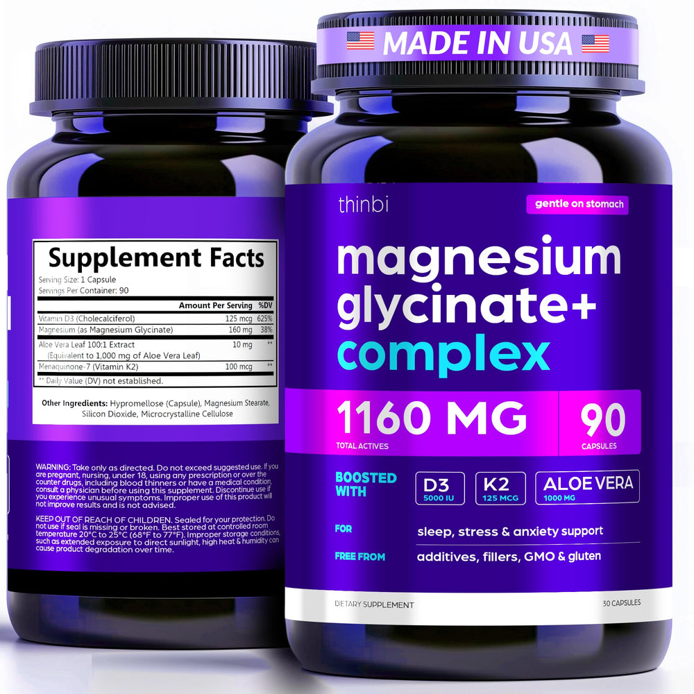 Bottle of Magnesium Glycinate 1160mg + Aloe Vera, D3 & K2 Complex capsules