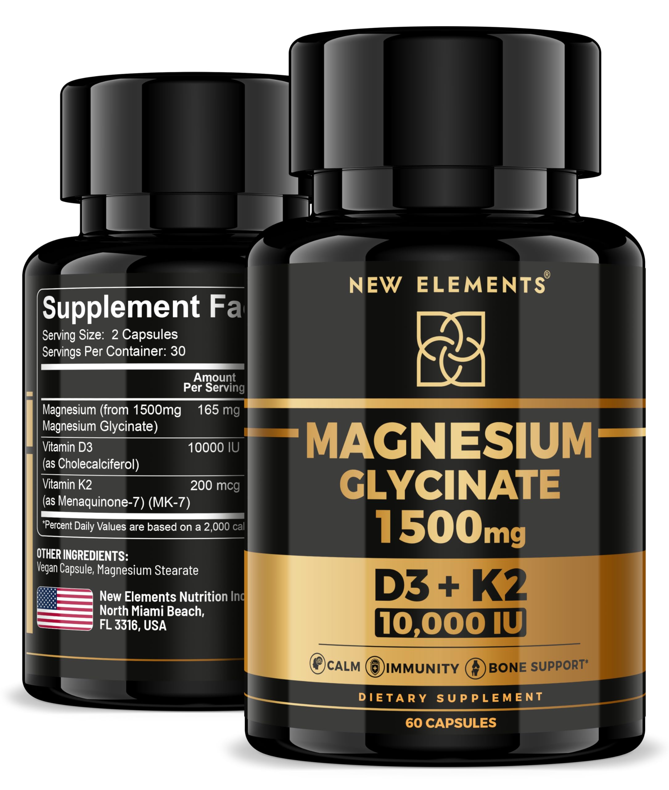Bottle label for Magnesium Glycinate 1500mg with D3 and K2, highlighting bone health