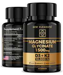 Bottle label for Magnesium Glycinate 1500mg with D3 and K2, highlighting bone health