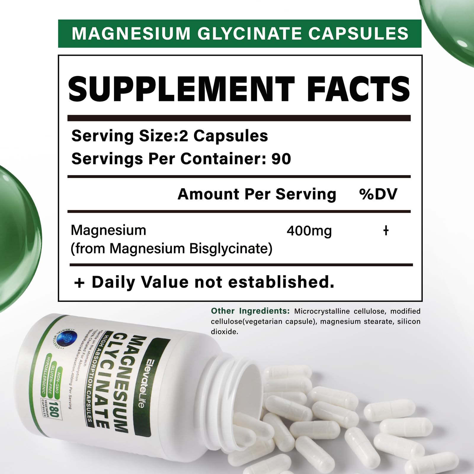 Close-up of Magnesium Glycinate 400 mg capsules