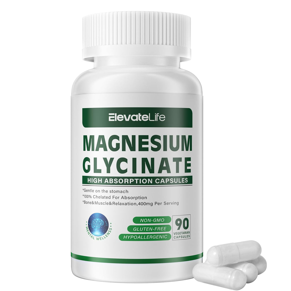 Front view of Magnesium Glycinate 400 mg capsules bottle
