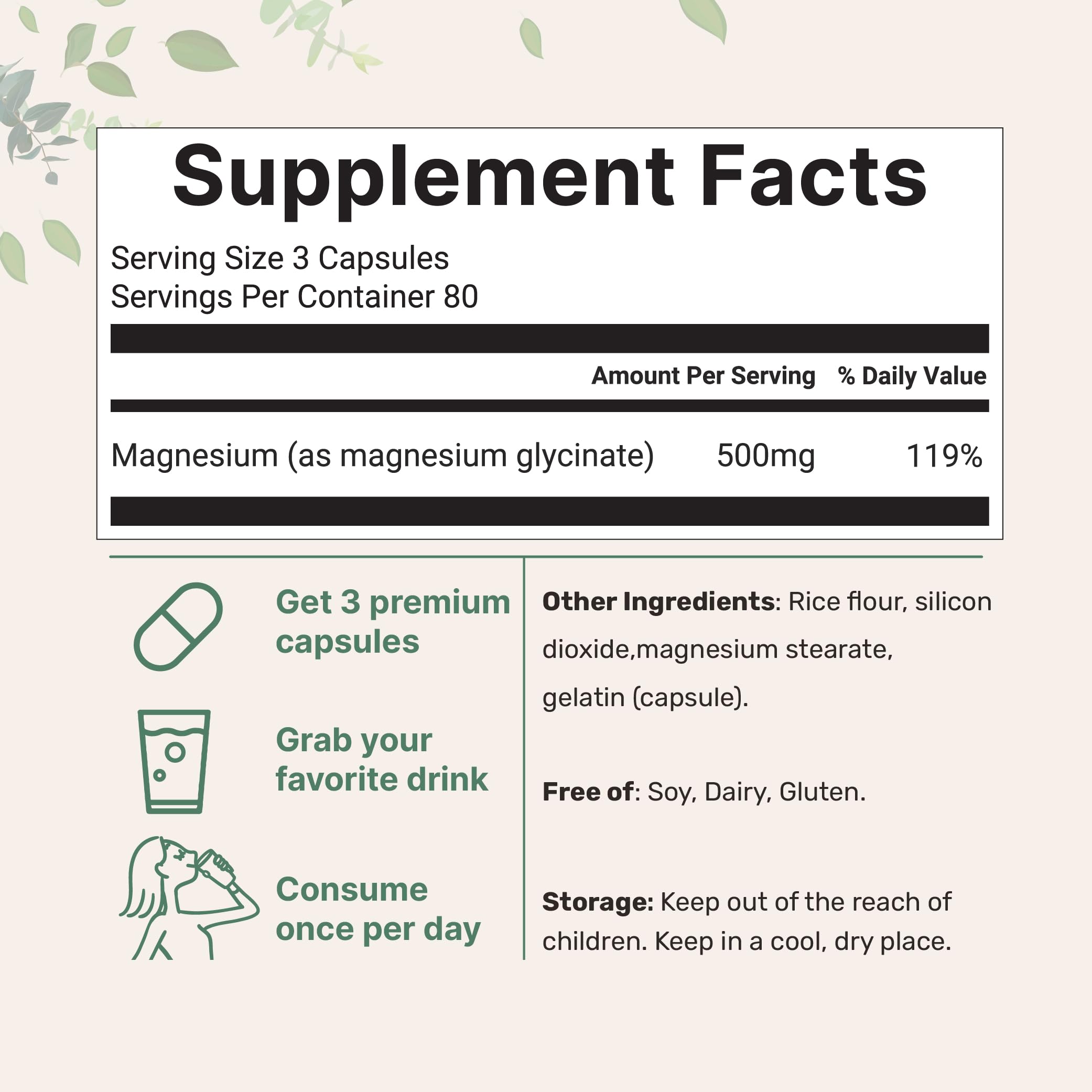 Close-up of magnesium glycinate capsules