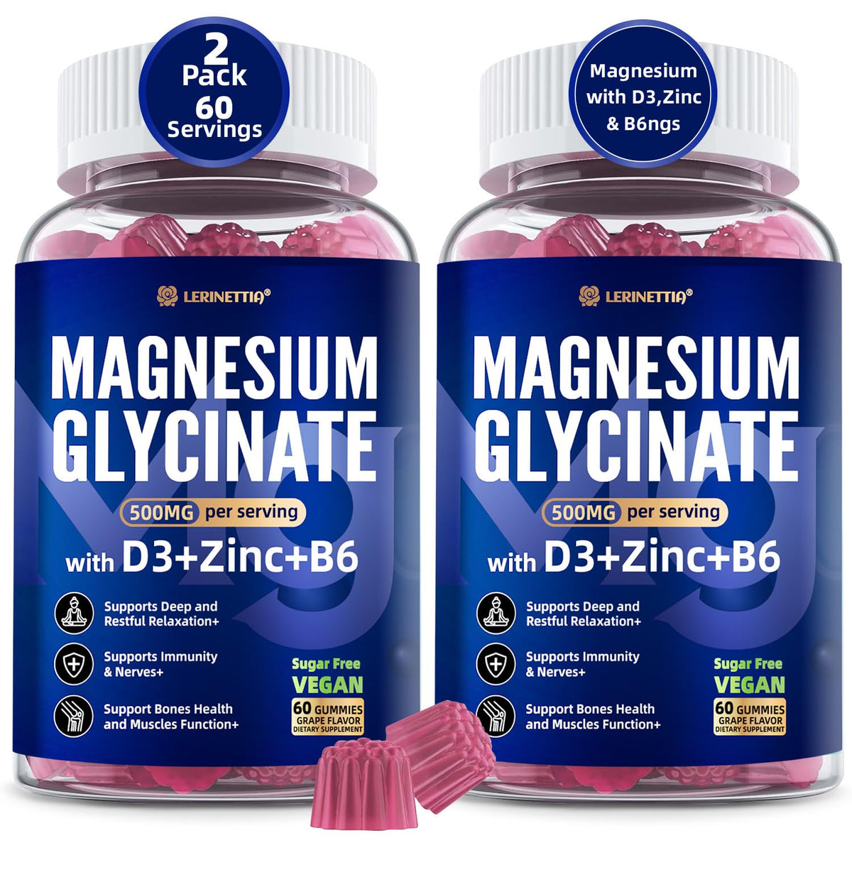 Bottle of raspberry flavored sugar-free Magnesium Glycinate Gummies with D3, B6 & Zinc