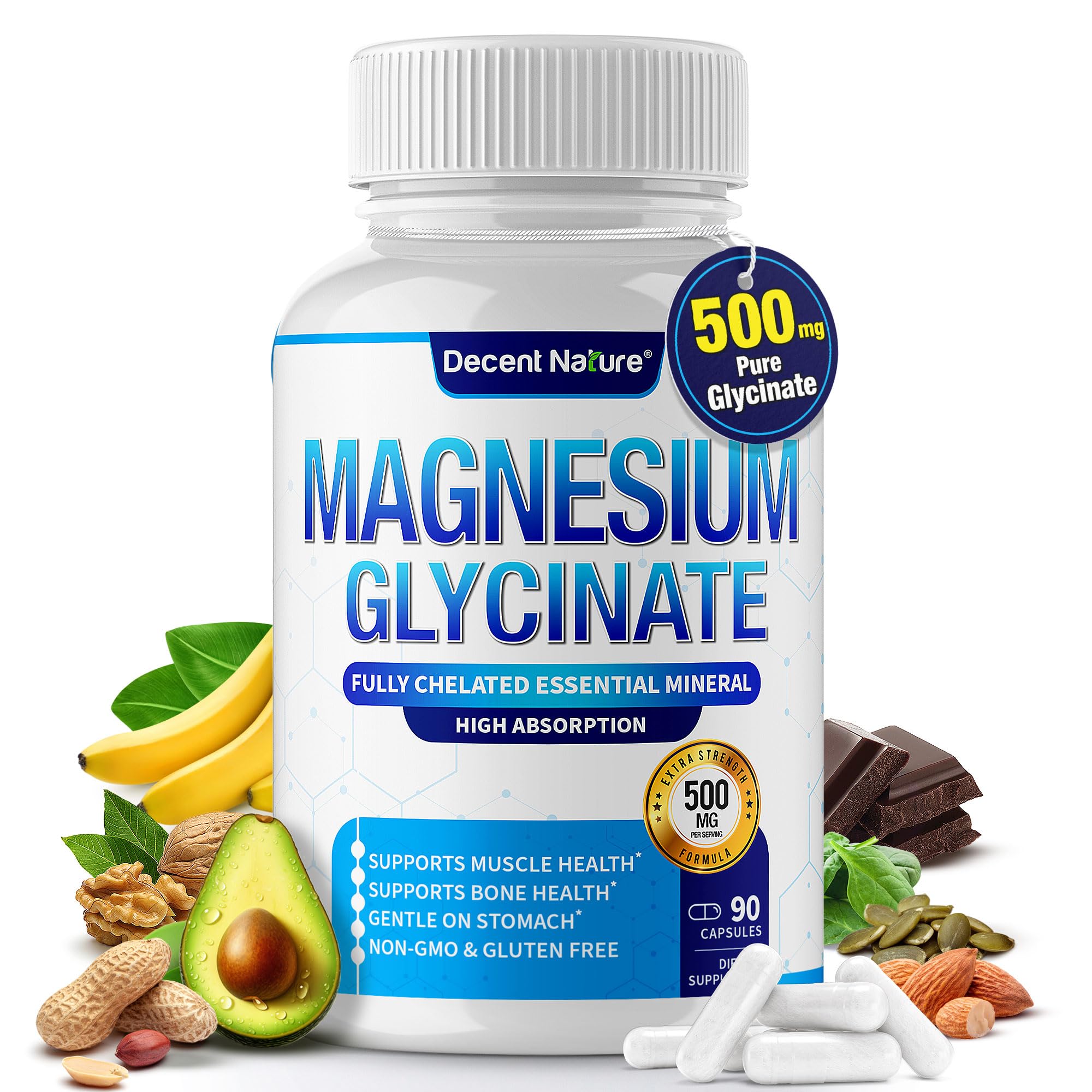 Bottle of Decent Nature Magnesium Glycinate 500mg with 90 capsules