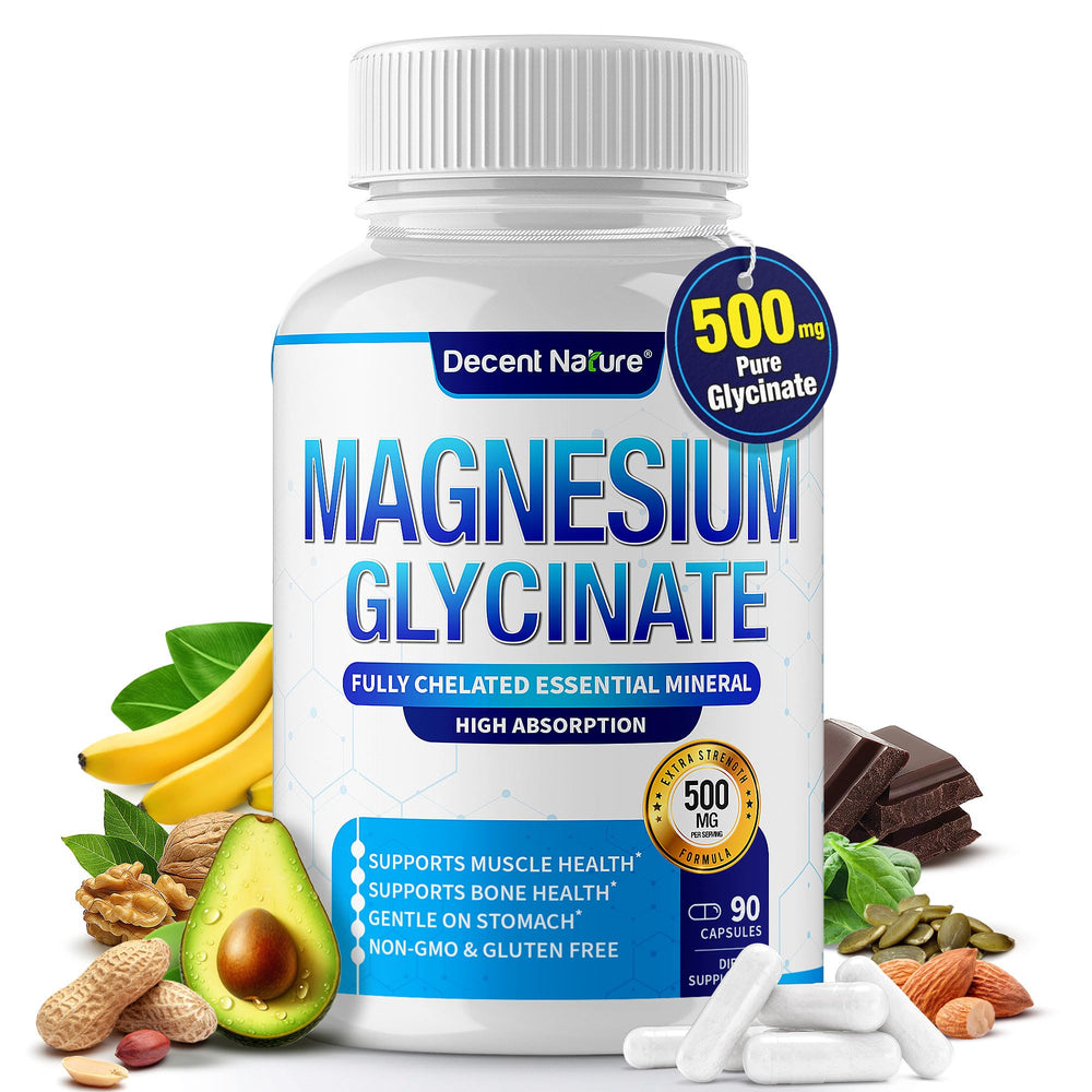 Bottle of Decent Nature Magnesium Glycinate 500mg with 90 capsules