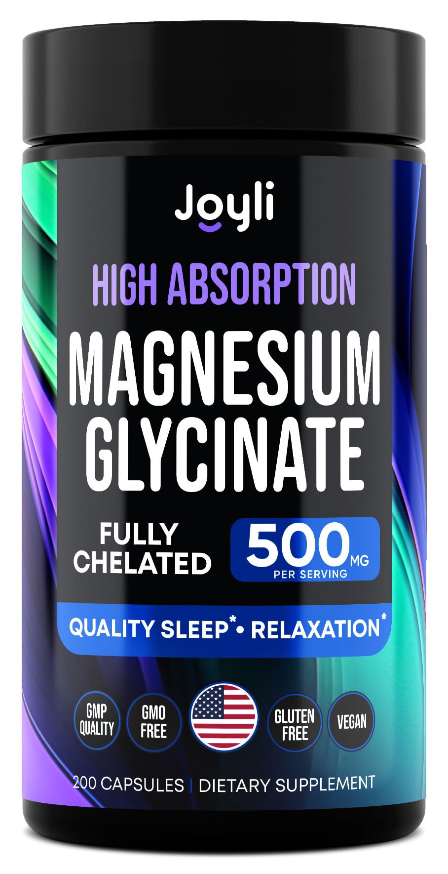 JOYLI Magnesium Glycinate 500MG bottle with 200 vegan capsules