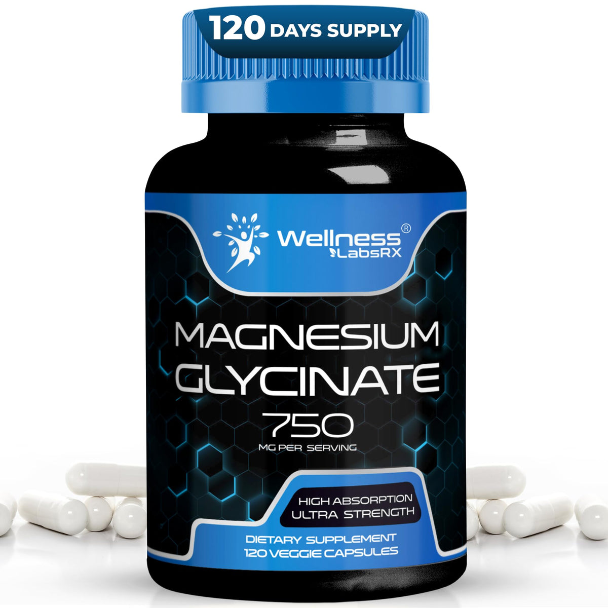 Bottle of Magnesium Glycinate 750mg capsules highlighting high absorption formula