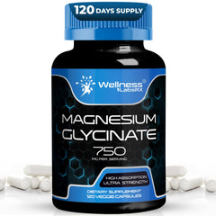 Bottle of Magnesium Glycinate 750mg capsules highlighting high absorption formula