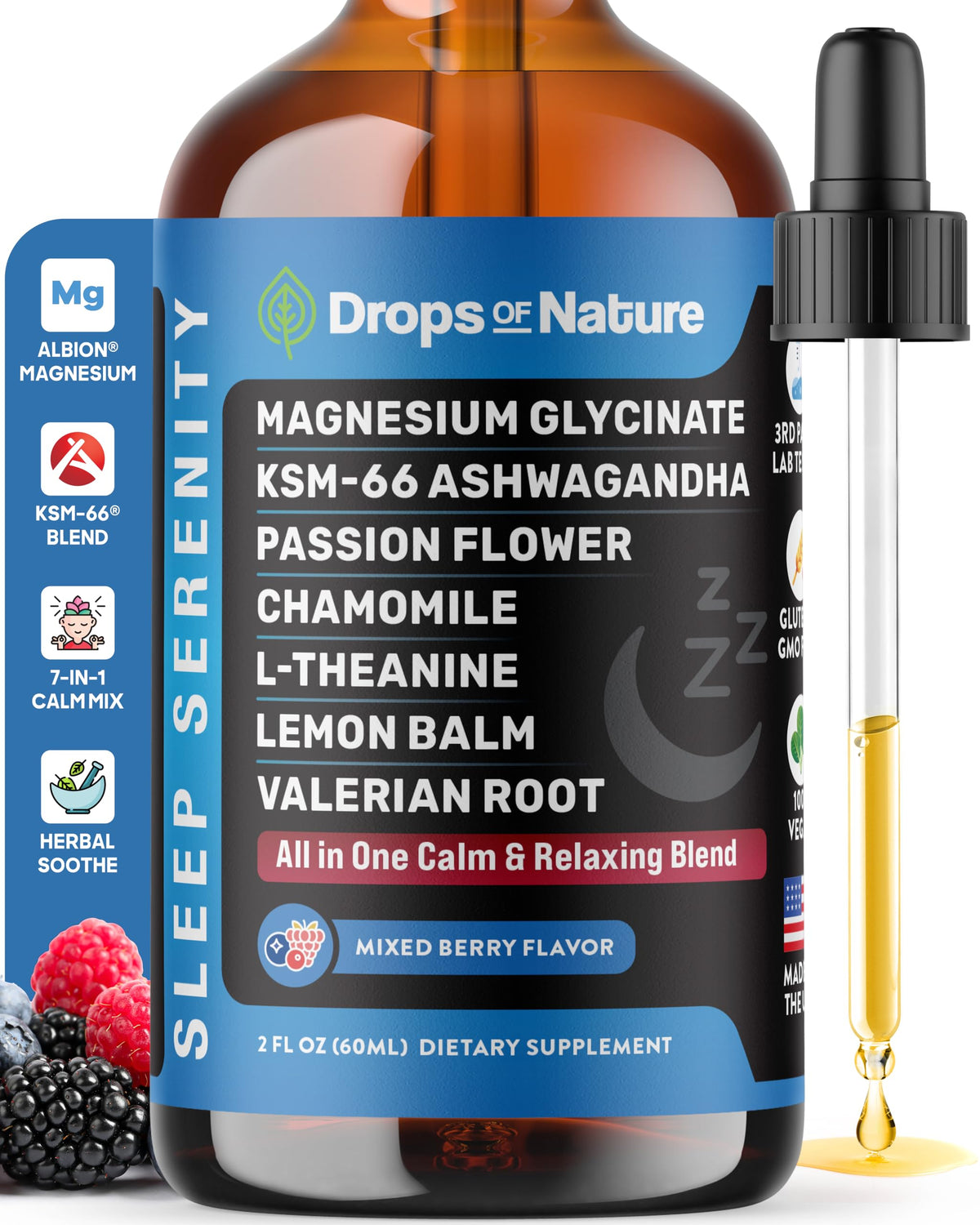 Magnesium glycinate and ashwagandha liquid drops bottle with mixed berry label