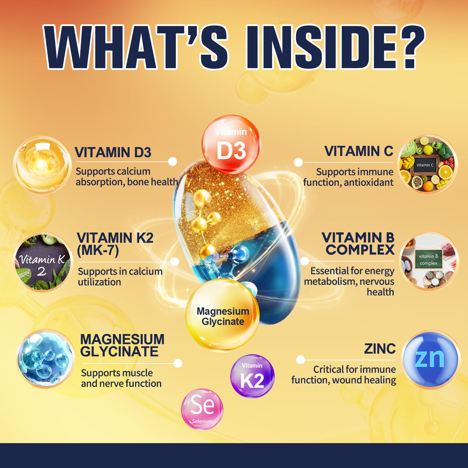 Magnesium glycinate 500mg, D3 5000 IU and K2 softgel capsules