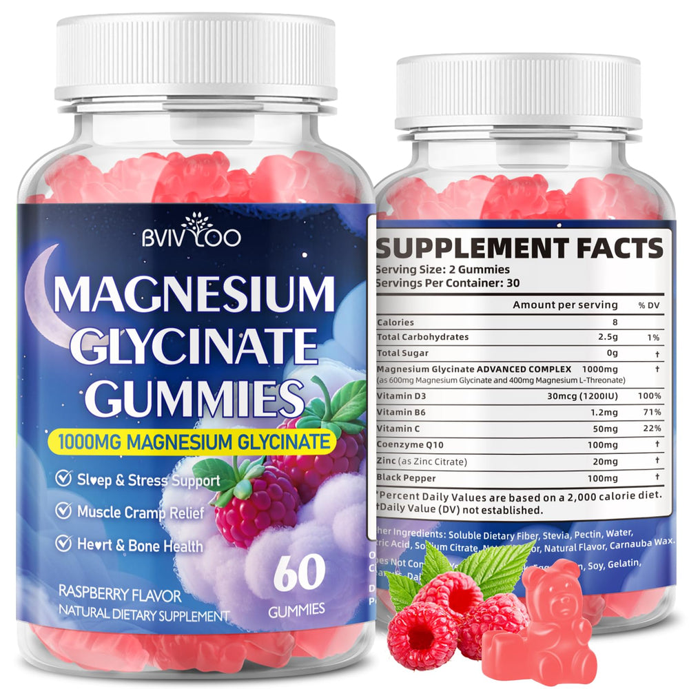 Bottle of Magnesium Glycinate Gummies 1000mg Raspberry flavor with D3 B6 CoQ10