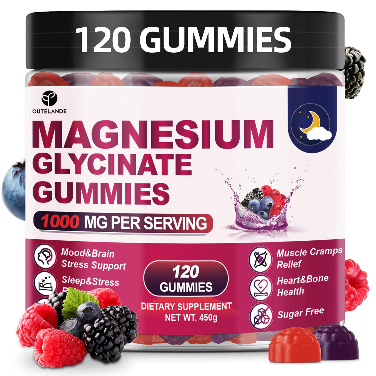 Front view of 120-count Magnesium Glycinate Gummies bottle
