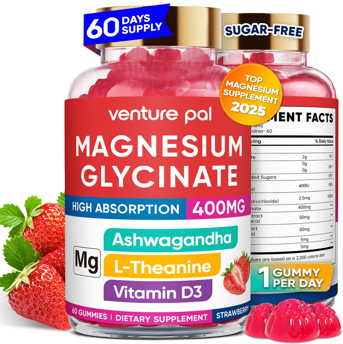 Bottle of 60-day supply Magnesium Glycinate Gummies with Ashwagandha